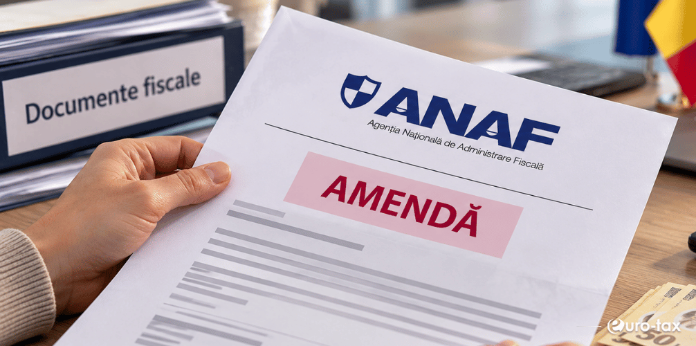 Persoană care analizează o notificare ilustrativă de amendă ANAF, alături de documente fiscale, calculator și bancnote românești.