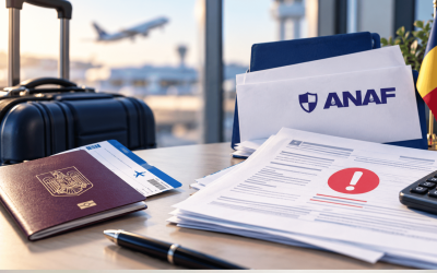 Pașaport românesc, documente ANAF și notificare de amendă, alături de o valiză și un bilet de avion.