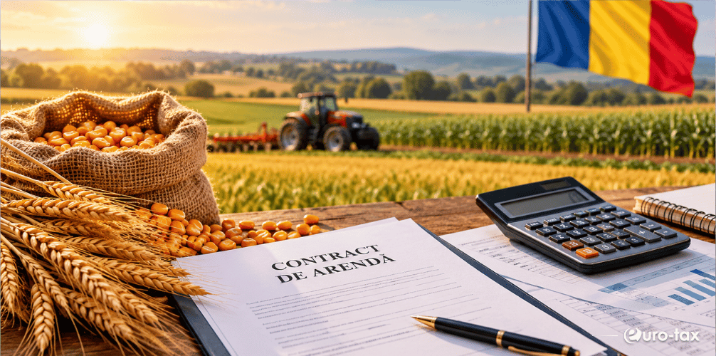 Contract de arendă, calculator și produse agricole pe o masă, cu teren cultivat, tractor și steagul României în fundal.