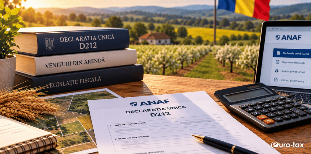 Contract de arendă, calculator și documente fiscale pe o masă, cu terenuri agricole, grâu și steagul României în fundal.
