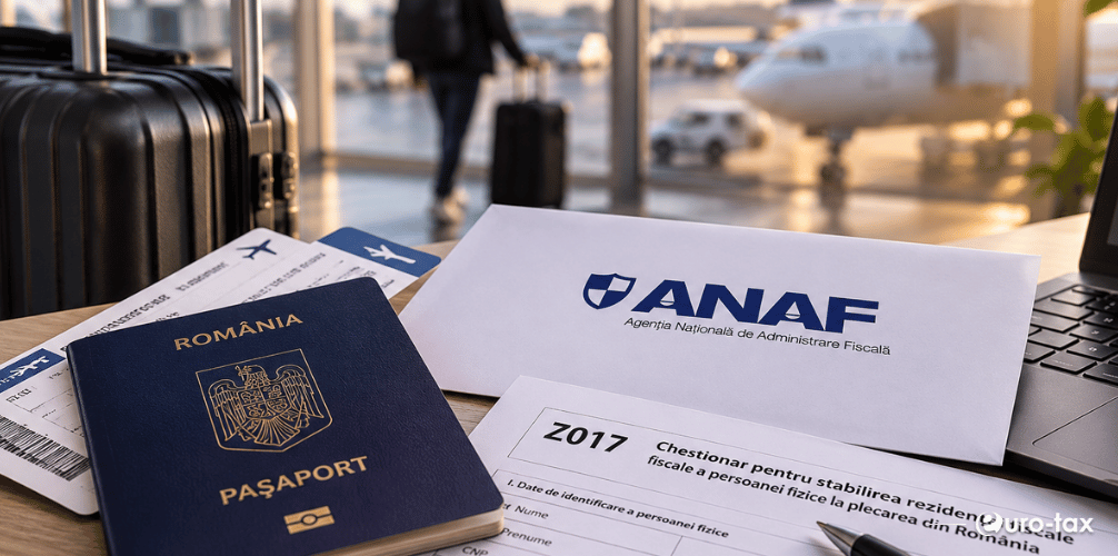 Pașaport românesc, Formularul Z017 și documente ANAF pe o masă din aeroport, înaintea plecării în străinătate.