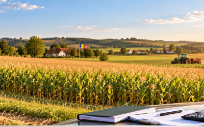 Documente și calculator pe un teren agricol din România, cu câmp cultivat, tractor și steagul României în fundal