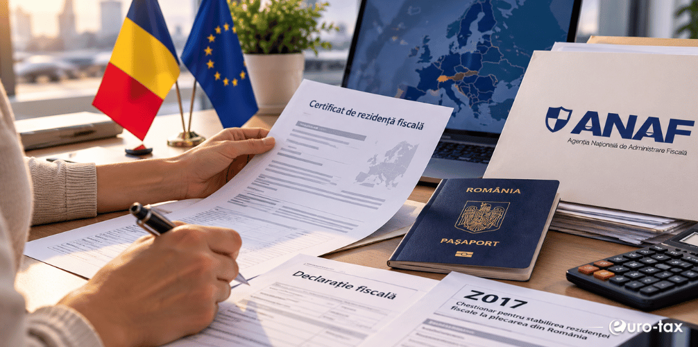 Persoană care verifică documente de rezidență fiscală, Formularul Z017 și un certificat fiscal, lângă un laptop și steagurile României și Uniunii Europene.
